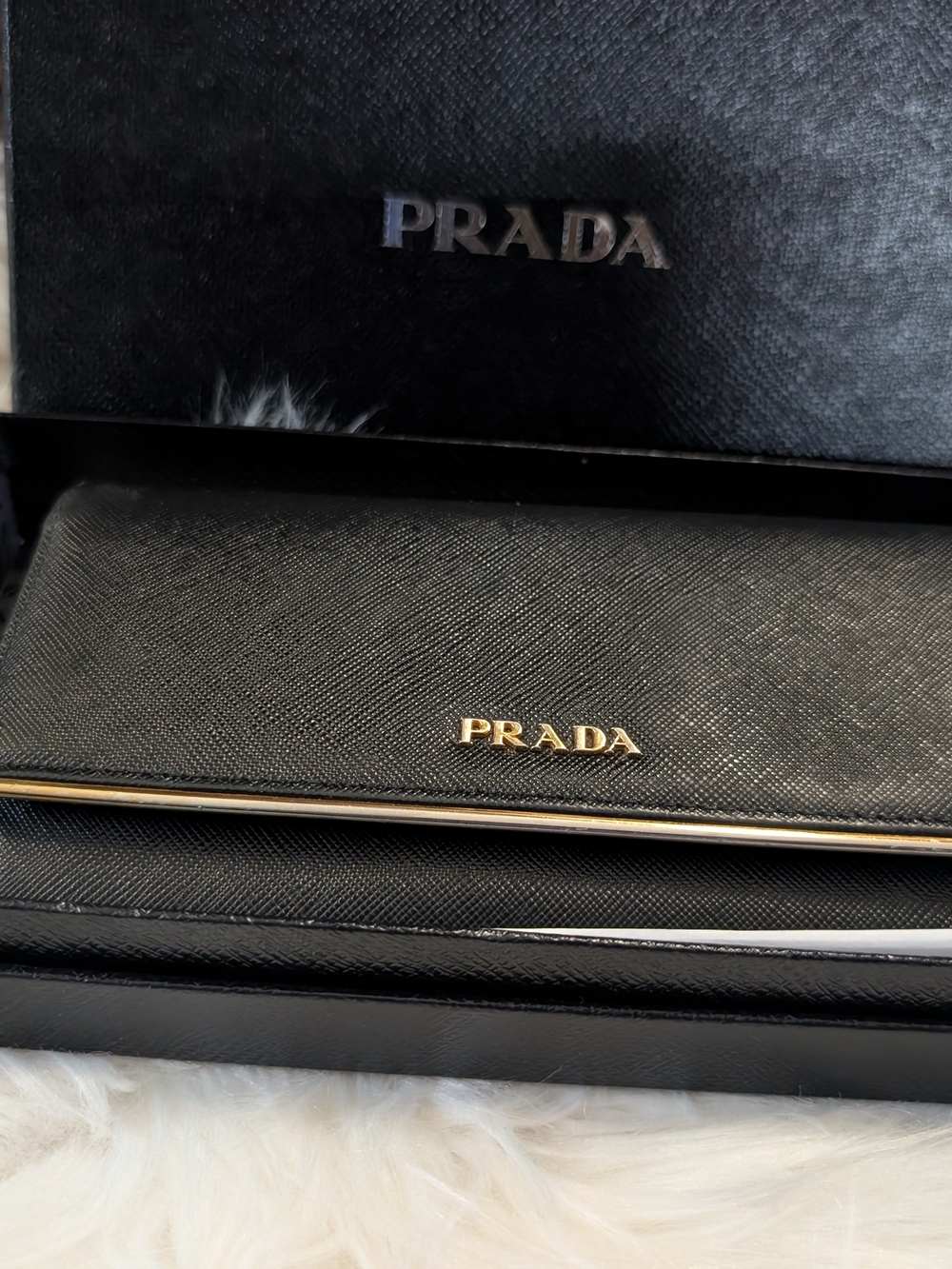 PRADA Black Saffiano Leather Wallet with Gold Logo